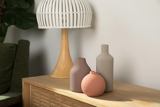 Ceramic Vase Set of 3 - Modern Farmhouse Decorative Vases for Home Decor. Boho, Rustic Vase, Small Neutral Pottery Vase Sets for Table, Shelf, Entryway, Living Room, Kitchen, Bedroom, Bathroom, Office