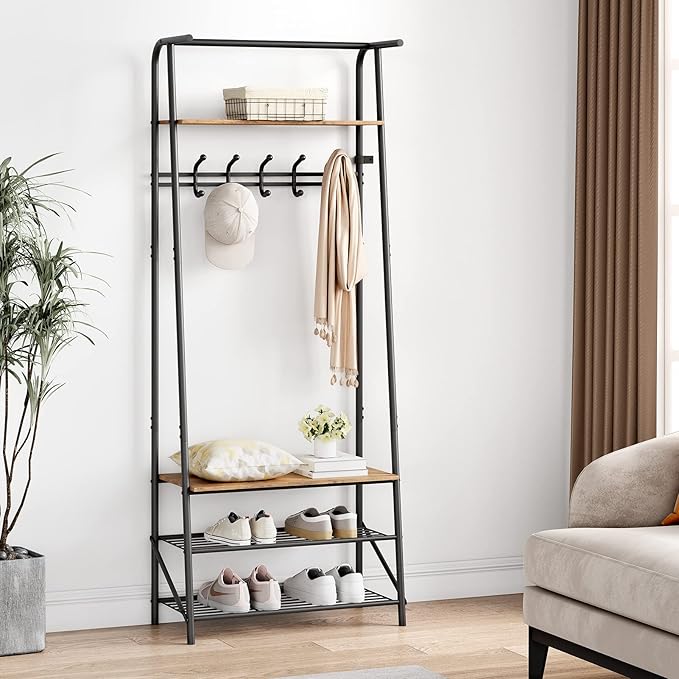 IDEALHOUSE Coat Rack Shoe Bench with 5 Hooks, Hall Trees Entryway Bench with Storage, Multifunctional Hallway Organizer, Wood Look Accent Furniture with Metal Frame for Entryway, Living Room, Bedroom
