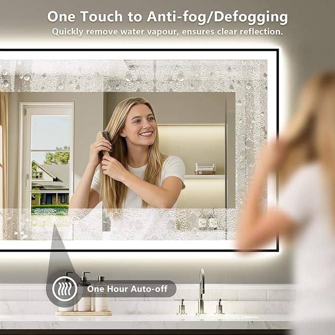66x40 Inch LED Bathroom Mirror with Lights (Front Lit and Backlit) Black Framed Lighted Vanity Mirror for Bathroom Wall Dimmable Anti-Fog Memory Tempered Glass Horizontal/Vertical