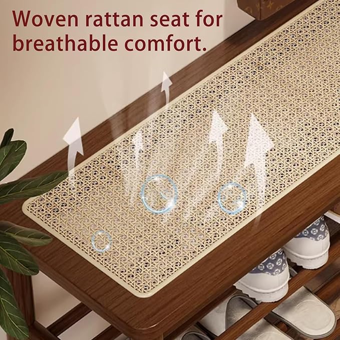 latifolia Shoe Rack Bench, 3-Tier Bamboo Shoe Bench with Breathable Rattan Seat Cushion, Shoe Storage Rack for Entryway(Walnut,39.70''L)
