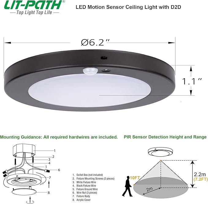 LIT-PaTH LED Flush Mount Ceiling Light, Closet Lighting Fixture with Motion Sensor and Dusk to Dawn, 10.5W, 800 Lumen, 6.2 Inch, Anti-Rust Galvanized Housing, Bronze Finish 5000K 4-Pack