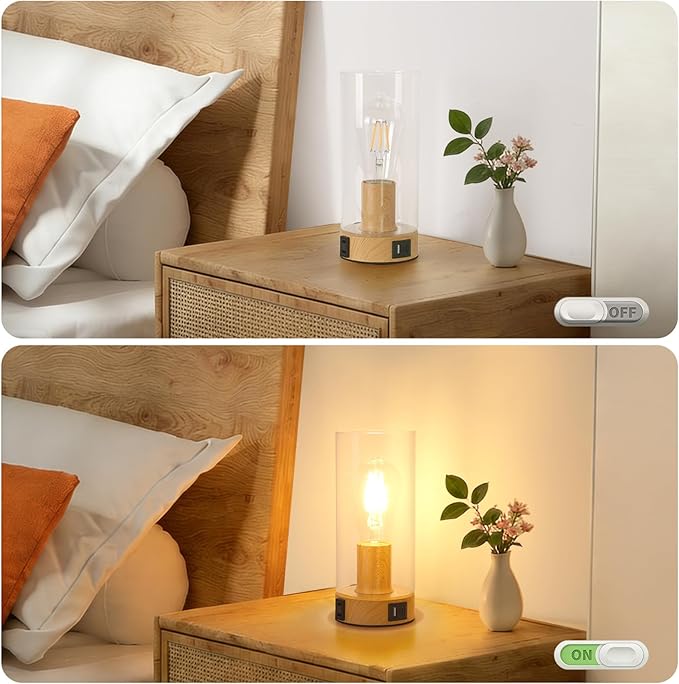 Bedside Table lamp for Bedroom -Touch Lamp with USB-A+C Charging Ports & AC Outlet. Nightstand Lamp with Wood Base Glass. Stepless Dimming Small Lamp for Bedroom, Dorm, Office, Kids Room, Living Room