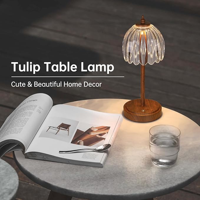 Tulip Table Lamp with 5200mAh Battery & Touch Control, Small Cordless Table Lamp with 3 Colors, Rechargeable Battery Operated Table Lamps for Bedroom, Desk, Bedside (Transparent-Walnut Color)