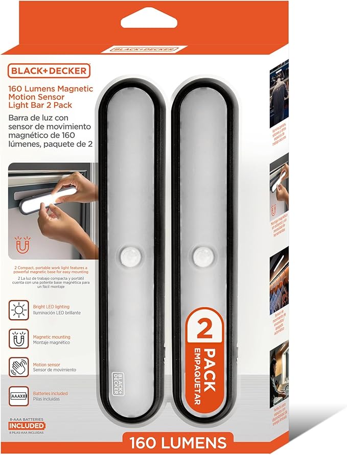 BLACK+DECKER 2-Pack LED Light Bars, 160LM Touchless Motion Sensor Lights, Magnetic Mount LED Strip Lights, Battery Powered Slim Portable Lights for Closet, Garage, Shelf, Indoor