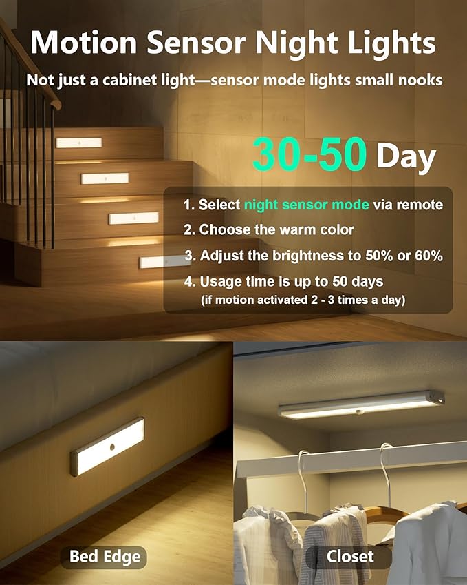 SZOKLED 58-LED Under Cabinet Lighting Wireless, RGB Motion Sensor Night Lights, 1100mAh Magnetic Under Cabinet Lights for Kitchen, Shelf, Stair, 15 Color (4 Pcs)
