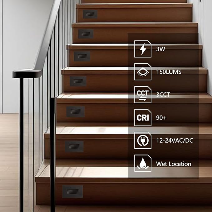 Low Voltage Step Lights Outdoor Indoor 12V-24V 3CCT 3000K/4000K/5000K CRI90+, 3W 150LM LED Stair Light Fixture, IP65 Stairway Lights Indoor Outdoor Wet Location