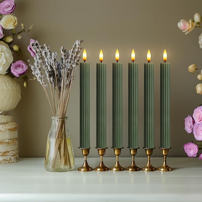 WYZworks 10" Fluted Ribbed LED Loden Green Grooved Pillar Candles, Remote & 24h Timer Memory, On/Off Switch - Flameless Dimmable Battery Operated w/Flicker Mode, Home Wedding Decor (12 Pack)
