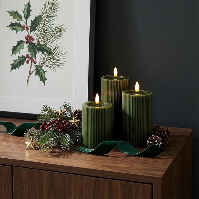 WYZworks Fluted Ribbed LED Pillar Candles, Loden Green, with Realistic Reflective Melted-Wax Effect – Flickering Flame, Remote, Dimmable, Flameless, Battery Operated, Home & Wedding Decor (Set of 3)