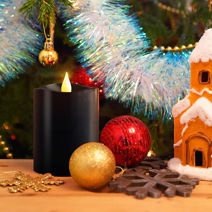 3x4 Flickering Flameless Candles Set of 1, 2AA Battery Life 600 Hours Battery Candles Flickering with Timer,4 inch Flameless Candles with Remote for Home Wedding Party Halloween Decoration, Black