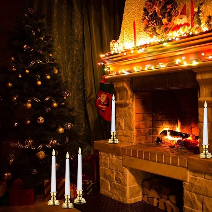 LED Christmas Window Candle with 2 Remotes Battery Operated Flameless Taper Candles Warm Light Flickering and Timer for Wedding Party Holiday Home Table Decoration (9 Packs,White+Gold Holder)…