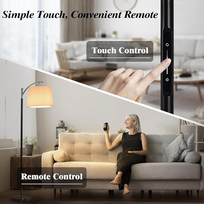 Etto Modern Dimmable Floor Lamp with Fabric & Pleated Shades, Remote & Touch Control, Adjustable Brightness & Color Temperatures, Tall Standing Lamp for Living Room Bedroom Office (Black Nicke)