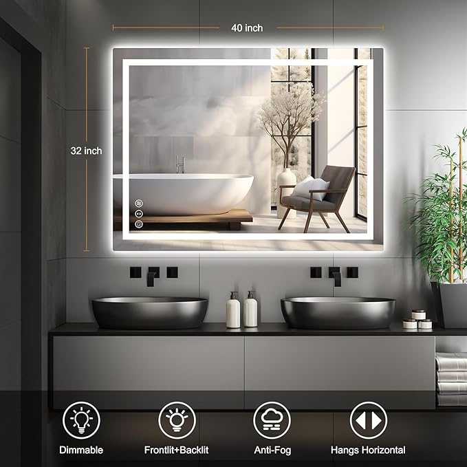 40x32 LED Bathroom Mirror with Lights, Anti Fog Vanity Mirror Wall Mounted, Dimmable Front Light and Backlight, Memory Function Tempered Glass, Shatter Proof ETL Listed