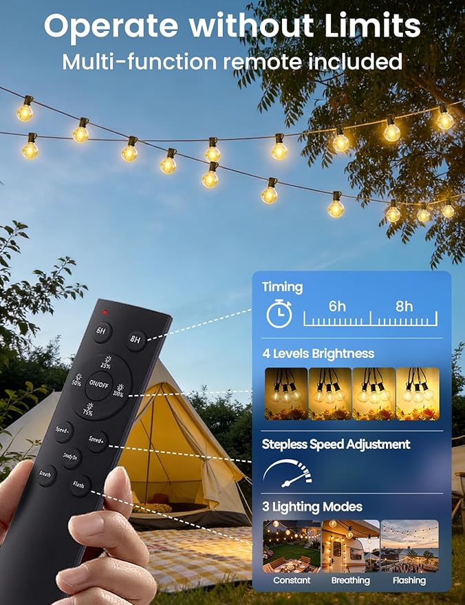 Brightever 150FT Solar String Lights Outdoor Waterproof, G40 Solar Lights with Remote and 55+2 LED Shatterproof Globe Bulbs, Dimmable&3 Lighting Modes, Solar Power Patio Lights for Backyard, Garden