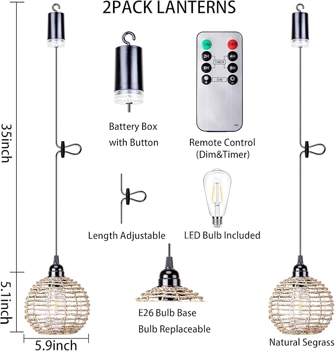 Battery Operated Hanging Pendant Lantern Lights, Outdoor Chandelier Light with Warm White LED Bulb, Handwoven Seagrass Ball Shade, Brightness Timer Adjustable for Patio Tree Pergola Gazebo Porch-2Pack