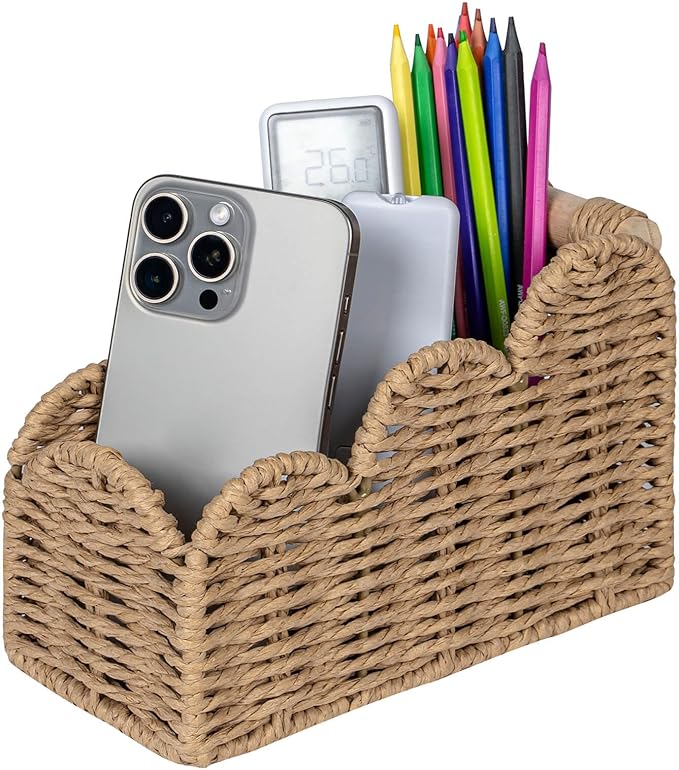 CubesLand Bedside Table Desk Organizer Caddy, Remote Pen&Pencil Holder Cup, Makeup Brush Holder w/Scalloped Perfect for Home, Office Desk, Living Room Table Decor, 3 Slots Neutral