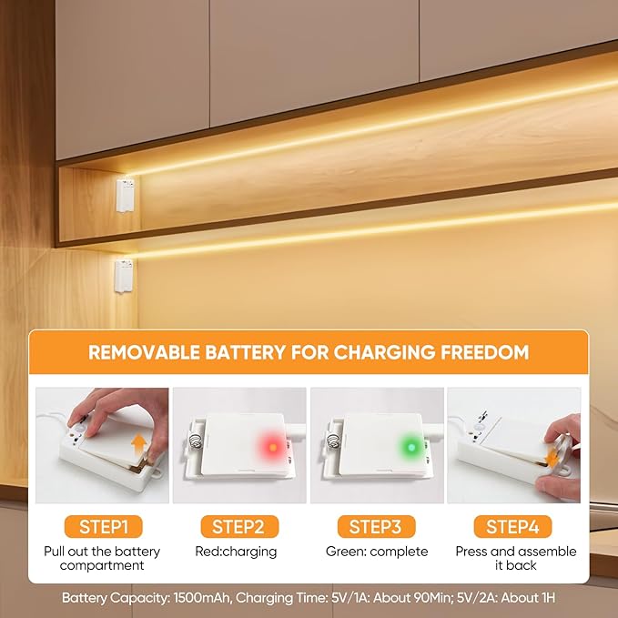 OMIKA COB Motion Sensor LED Strip Light, 6.56ft 640LEDs 2700K Warm White Closet Lights, Rechargeable Stair Strip Lights for Bed, Pantry, Shelves, Cabinet, Locker,2 Pack