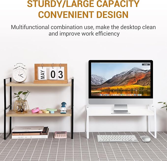 Desk Shelf Organizer for Top of Desk, Detachable 2 Tier Desktop Bookshelf, Wooden Desk Shelves Storage Rack, Small Desktop Shelf for Office Home Dorm, Tabletop Desk Organizer Stand (White+White)