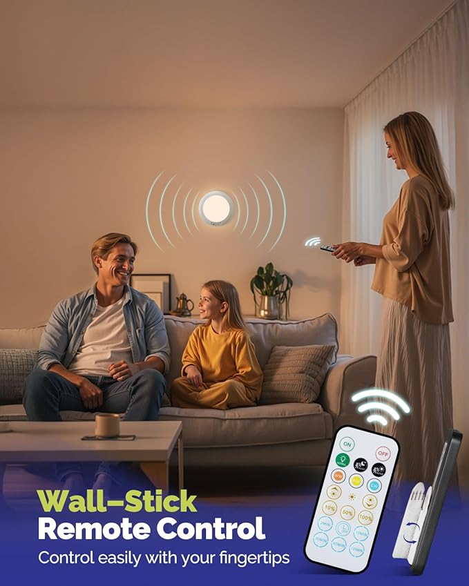 10,000mAh Rechargeable Ceiling Light with Remote, 7.09“ Wireless Waterproof Shower Lights 3000K/4000K/6000K, Battery Powered Light for Closet Battery Operated, Motion Sensor Lights No Wiring
