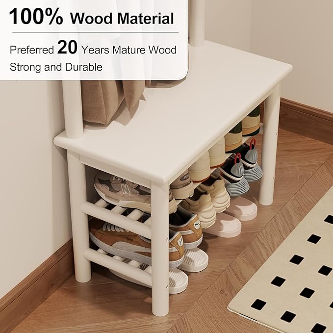 AQIMUELE Coat Rack with Shoe Storage, Narrow Wooden Hall Tree with Bench, 11 Hooks and 2-Tier Storage Shelves, 3-in-1, Entryway Bench with Coat Rack (23.6"-Deep White)