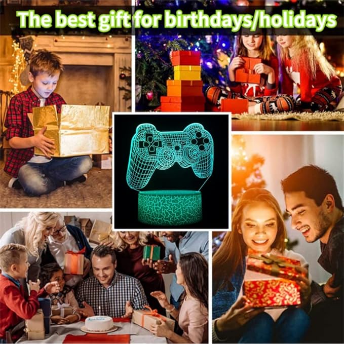 3D Gamepad Night Light with 4 Patterns 3D Hologram Illusion, Dimmable Remote Control, 16 Color Changing LED, Room Decor Earphone Bedside Desk Lamp, 3D Game Over Lamp for Game Lovers