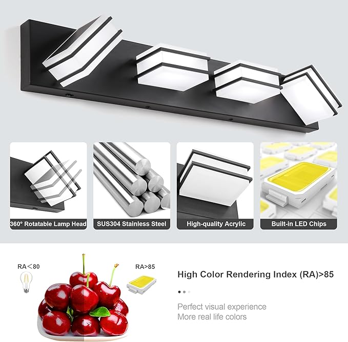3 Color Temperature Dimmable Bathroom Light Fixtures Over Mirror, LED Black 4 Light Vanity Lighting Fixtures, Acrylic Stainless Steel Square Shade Vanity Lights for Bathroom, ETL Certificated