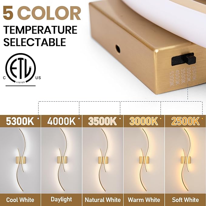 CANEOE Modern Wall Sconce Set of, 5CCT Dimmable Indoor Led Wall Sconce Lighting Set of 2, 31.5 Inch Wall Light Fixtures, Gold Led Wall Lamps for Living Room Bedroom Bathroom Hallway