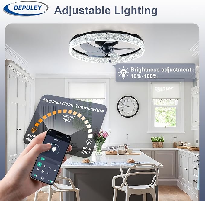 Depuley Bladeless Ceiling Fans with Lights: 20" Black Modern Low Profile Flush Mount Ceiling Fan with App Remote Control - Bedroom Enclosed Crystal Fandelier with Dimmable LED for Living Room Kitchen