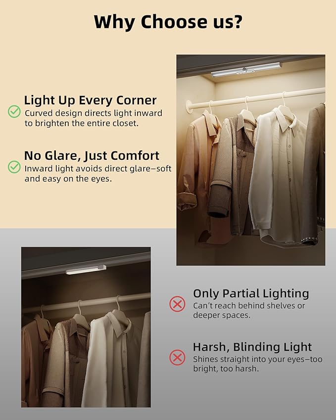 EZVALO 13-inch Motion Sensor Closet Light with Eye-Protection Design, 1800mAh Rechargeable Under Cabinet Lighting, 3 Color Temps Night Light for Pantry, Closet - 3 Pack