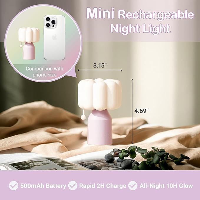 Mini Night Light for Bedroom, Flower Silicone Night Light with 30min Timer, Touch Control Dimmable Lamp with 3 Brightness Levels, LED Rechargeable Nightlight, Cute Bedside Lamp for Kids Gifts (Purple)
