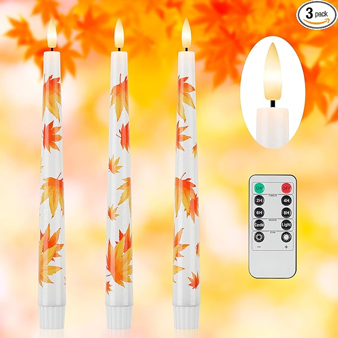 Fall Flameless Taper Candles, 9.6" Maple Leaf Battery Operated Candles with Remote, Real Wax Autumn Led Candle, Flickering Candlesticks for Fall, Thanksgiving, Harvest, Halloween Decor, 3 Pack