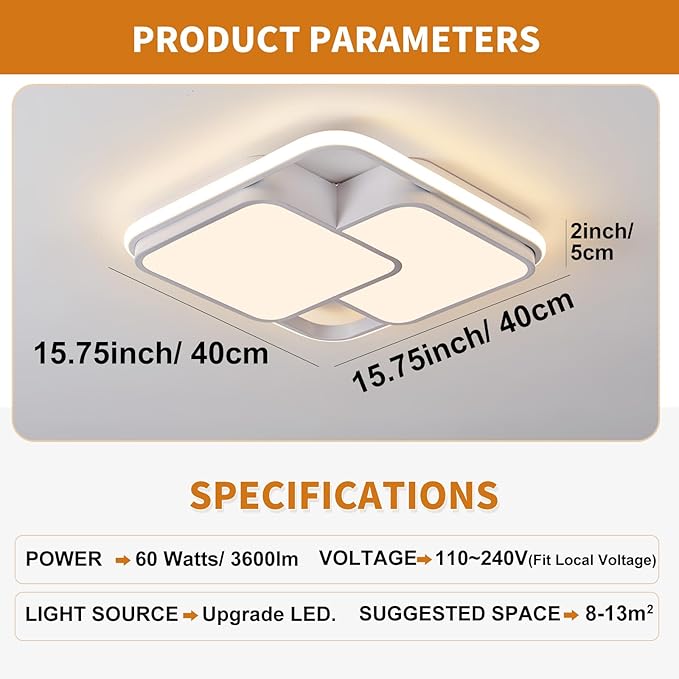 Square LED Ceiling Light with Remote, 60W Dimmable Flush Mount Ceilings Light Fixtures, Modern Light Fixtures Ceiling Lamp LED Chandelier for Bedroom Living Room Kitchen, White/15.7in
