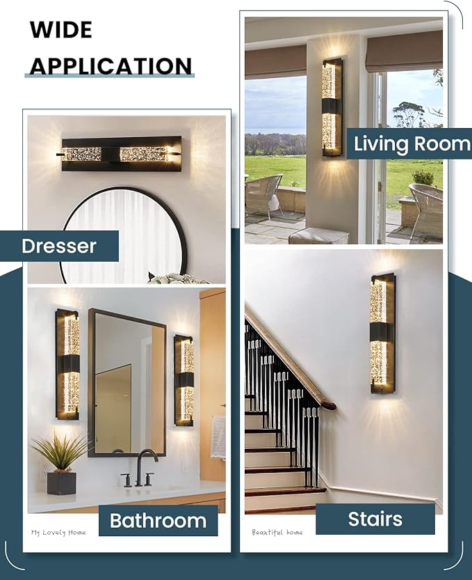 WOSHITU LED Wall Sconce Light: 19 Inch Black Modern Sconces Wall Lighting 3000K Dimmable Crystal Wall Lamps Indoor Bathroom Sconce Wall Mount Light Fixtures for Living Room/Bedroom/Hallway