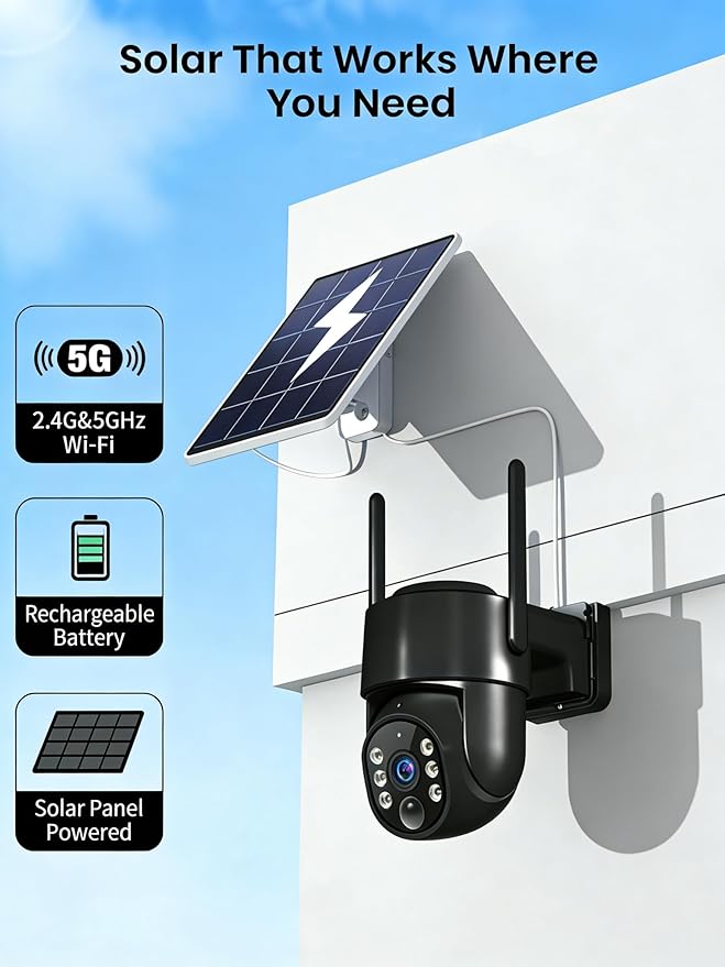 2K Security Cameras Wireless Outdoor, 5GHz WiFi Solar Camera Outdoor Wireless, Wire-free Installation, AI Detection, Two-way Audio, Mobile alerts, SD/Cloud Storage, Color Night Vision, 2 Packs
