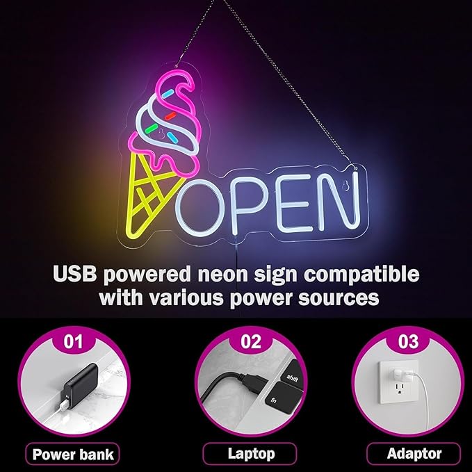 ICE-CREAM Open LED Neon Sign for Wall Decor USB Adjustable Brightness Living Room Bars Barbers Pub Wedding Party Salon Club Gatherings Gaming Room Man Cave Halloween Christmas Birthday Art Wall Decor