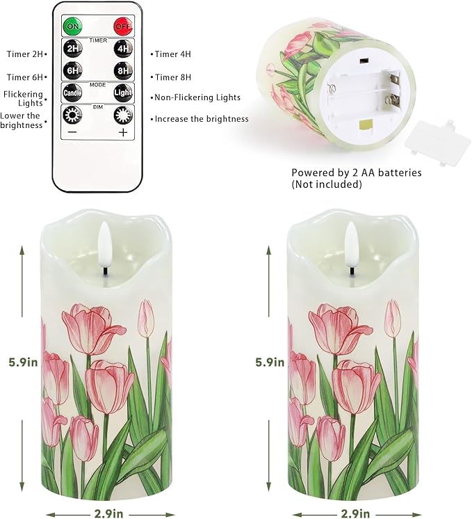 Flameless Candles Set of 2, 6"x3" Flickering Tulip LED Candles with Remote & Timer, Dimmable Real Wax Electric Pillar Candles Battery Operated, Birthday Gift Mother's Day Gift for Mom Women (Tulip)