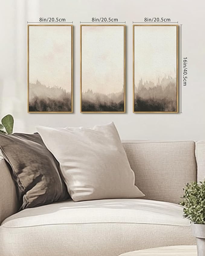 KUVIOKE Abstract Wall Art Minimalism Gray Ink Painting Modern Landscape Artwork for Bedroom living Room Dining room Kitch 8x16in3pcs Natural Framed