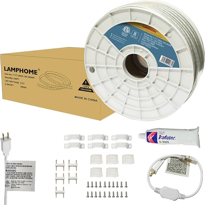 LAMPHOME 3000K 120V LED Strip Light, 150FT 9000LED 100LM/W Waterproof for Outdoor Indoor, Every 1.5ft Cuttable Lighting Strip, 17.5x7.8mm ETL Listed，Warm White