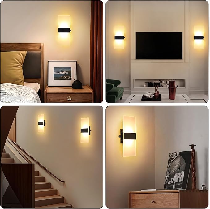 Lightess Indoor Wall Sconce with Switch 12W LED Modern Wall Light, Acrylic Dimmable Wall Lamp, Black Wall Mounted Lighting Fixture for Bedroom Living Room Hallway, Warm White, 1 Pack