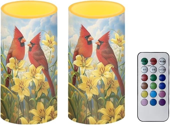 Cardinal Bird Flameless Candles 2 Pack 6 x 3 inch Battery Operated Candles with Multicolor Timer Remote Control LED Fake Candles for Warm Light Dinner Table Home Decor
