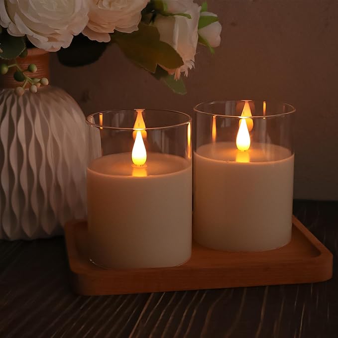 Glass Flameless Candles with Remote Timer, 3D Moving Flame Flickering, Last 600+ Hours Battery Candles, Real Wax LED Votive Candle for Festival Wedding Home Party Decor, 3" x 4"