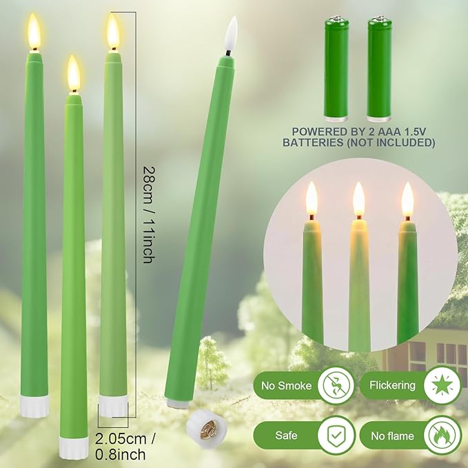 Macarrie 24 Packs Flameless Taper Candles Battery Operated Fake 11 Inch Long Candlelight LED Flameless Candlesticks Flickering Tapered for Spring Summer Wedding(Spring Green)