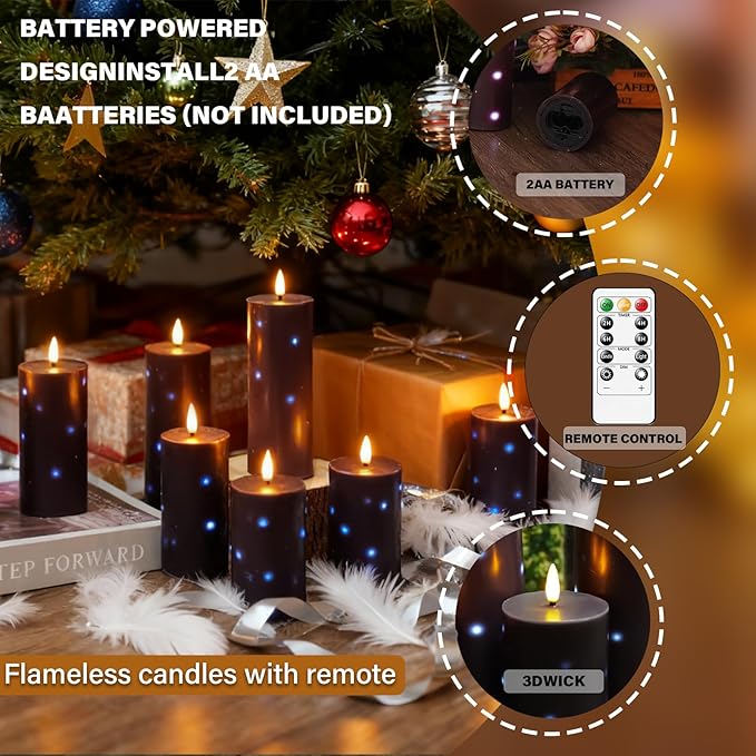 Flickering Flameless Candles with Remote Control and Timer Set of 5 Pc Real Wax LED Pillar Candles, Battery Operated Candles（D2.2×H5/5.5"/6"/7"/8"） Halloween Decorations Home Decor （Black）
