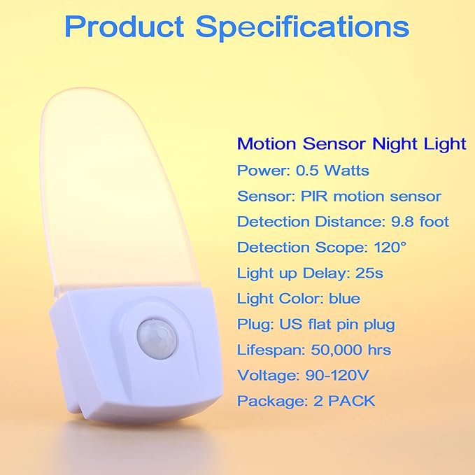Motion Sensor Night Light 2 Pack, 0.5W Plug in Motion Activated LED Night Lights, Automatic Motion Detector Night Lights for Kids Room, Bedroom, Bathroom, Stair, Toilet, Corridor (Blue)