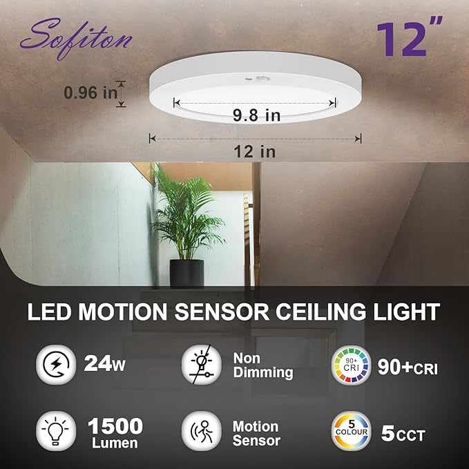 Motion Sensor Ceiling Light, 5CCT Selectable 24W 1500LM, 12 Inch LED Flush Mount Light Fixture Hard Wired, Motion Activated Lights Indoor for Hallway, Stairs, Laundry, Non-Dimmable - 2PK
