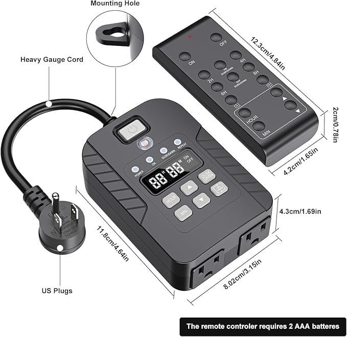 Outdoor Light Timer Waterproof, 15A, 24-Hour Plug in Outdoor Countdown Timer (2, 4, 6 or 8 Hours Mode), 100 FT Range Remote Control with 2 Grounded Outlets for Home and Garden, ETL Listed