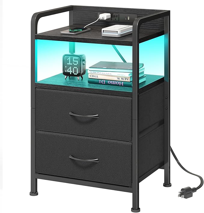 Fixwal Night Stand for Men Bedroom with Charging Station & LED Lights, Nightstand with 2 Fabric Storage Drawers and Edge, Black