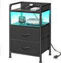 Fixwal Night Stand for Men Bedroom with Charging Station & LED Lights, Nightstand with 2 Fabric Storage Drawers and Edge, Black