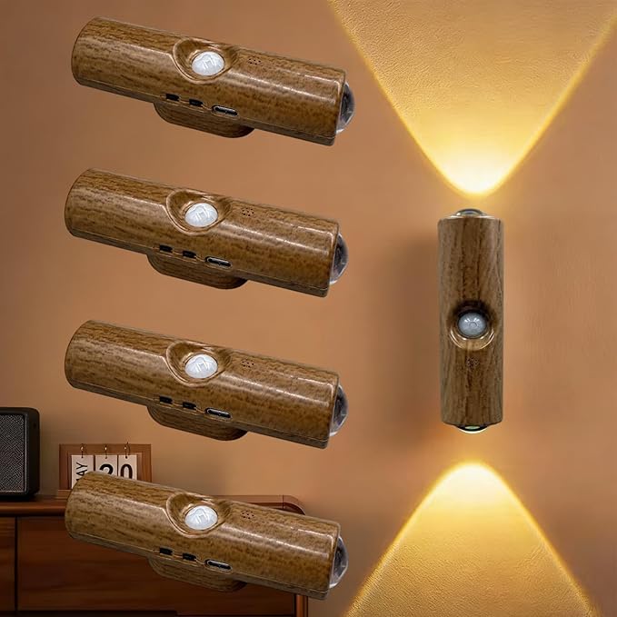 Rechargeable Smart LED Motion Sensor Ambient Light, Punch-Free Color Changing Motion Sensor Light for Stairs, Wardrobe, Cabinet (4Pcs,Wood, 3 Colors)