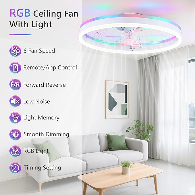 STERREN 15.7" RGB Ceiling Fan with Light, Modern Flush Mount Bladeless Ceiling Fans, Low Profile Ceiling Fan with Remote,Small White Fandelier Chandelier for Bedroom Living Room