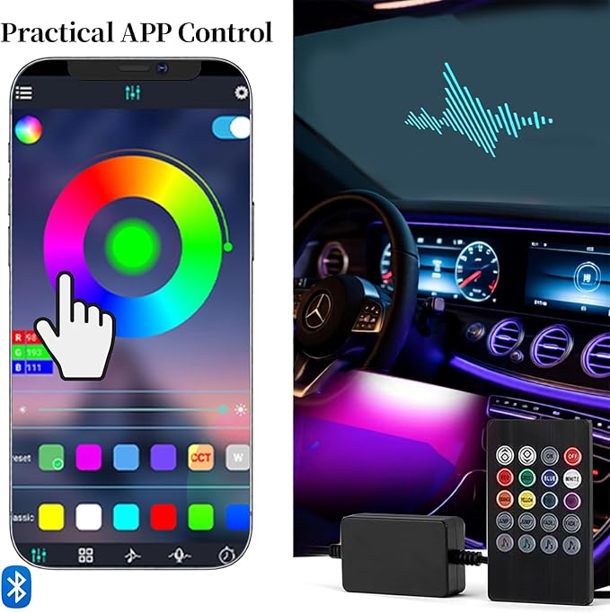DIBMS Smart Car Interior LED Strip Light Kit with APP Remote Control, RGB Music Sync Color Changing DIY Mode USB Port for Under Dash DC 12V Vehicle Decorations